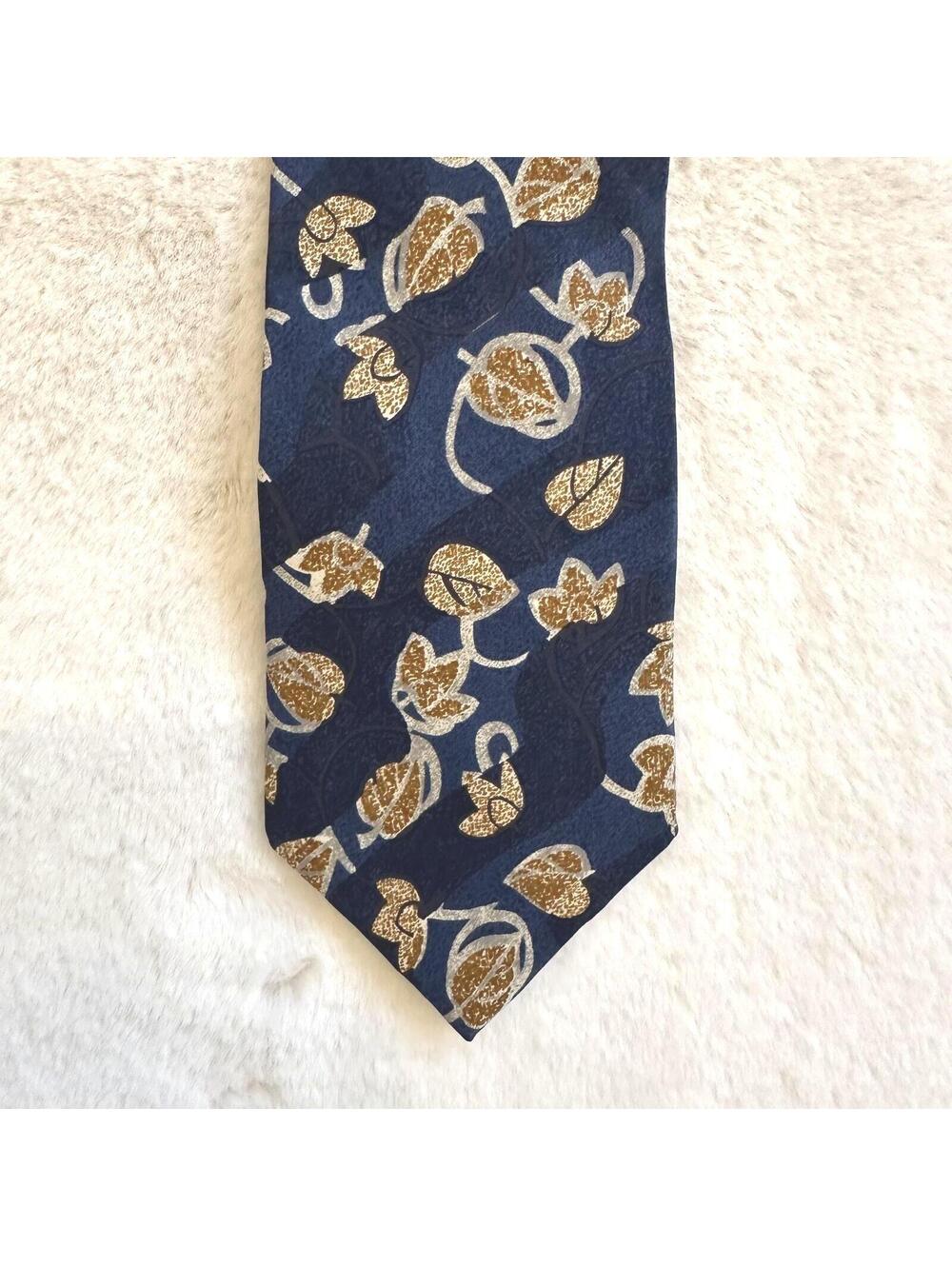 ANDREW FEZZA 100% Silk Tie Vtg Navy Tan Leaves Italian Luxury Academia 57x4